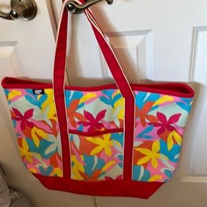 Lands’ End Large Zip-Top Red Multi-Floral Canvas Tote